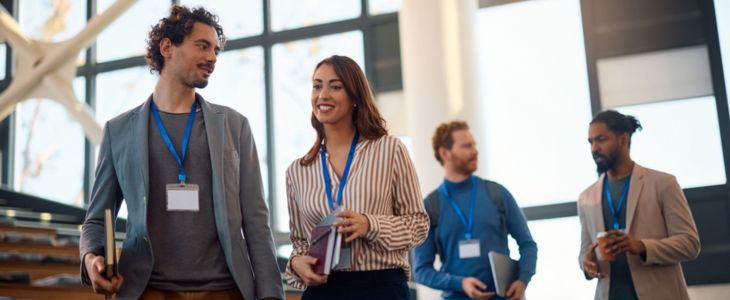 professionals mingling at a convention center