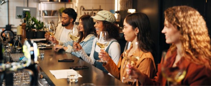 friends drinking wine at a bar